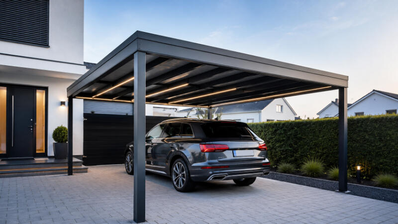 Moderne Einfahrt mit Carport und SUV