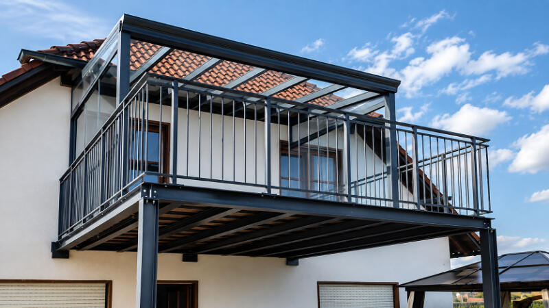 Moderne Stahlterrasse am roten Ziegeldach