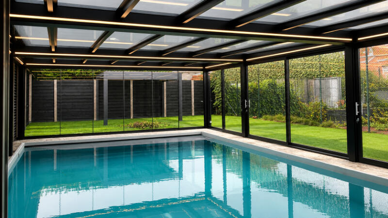 Moderner Poolraum mit Gartenblick