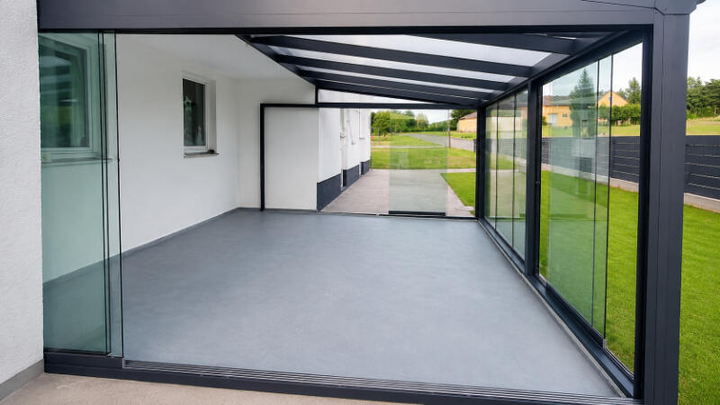 Moderne gläserne Veranda mit Gartenblick
